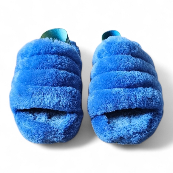 UGG Fluff Yeah Slide Sandals Blue Rainbow Strap Kids Size 4 - Picture 2 of 9